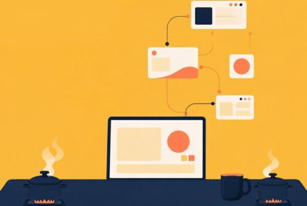 Illustratie van een bureau met laptop, AI-taakvensters en pannen op het vuur